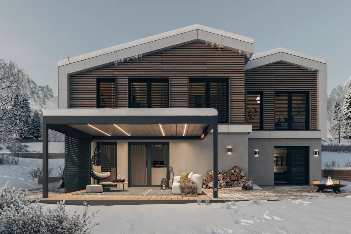 Lamellendach mit Heizstrahler und LED Beleuchtung Moderne Villa im Winter mit Lamellendach, das mit Heizstrahler und LED Beleuchtung ausgestattet ist