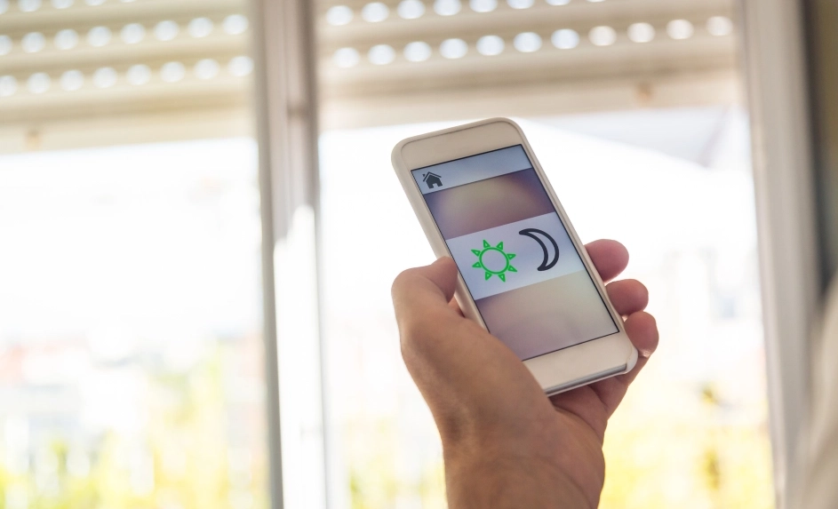Hand mit Smartphone und App für Rollladensteuerung vor einem Fenster mit halb geschlossenem Rollladen