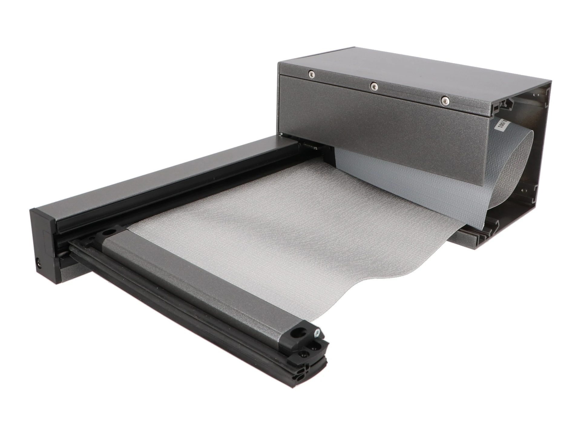 Motorisierte Sonnenschutzmarkise mit grauem Stoff