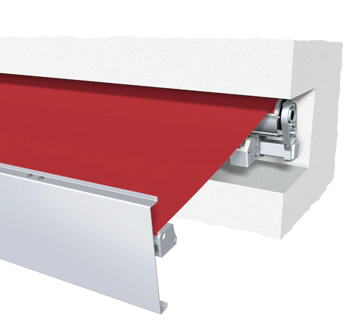 Detailansicht einer eingebauten roten Markise mit Mechanismus und Gehäuse